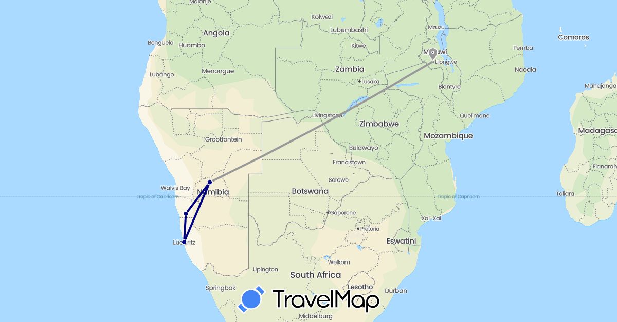 TravelMap itinerary: driving, plane in Malawi, Namibia (Africa)